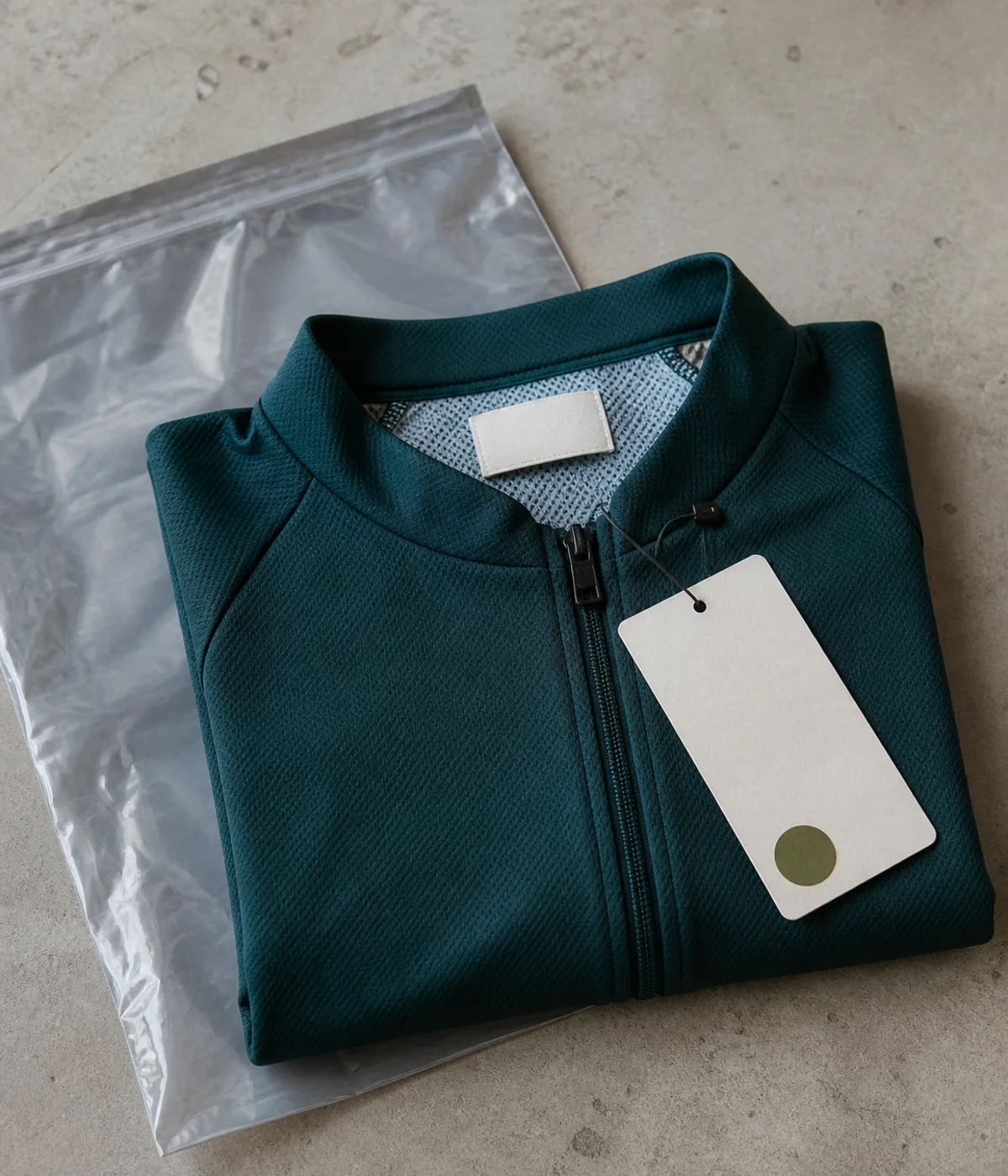 Folded custom cycling jersey with a woven main label, hangtag, and size sticker, ready for poly bag packaging