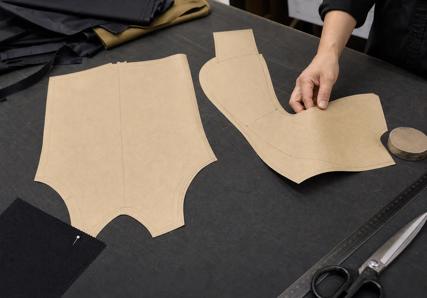 Pattern piece for a mountain bike short showing added articulation at the knee and seat