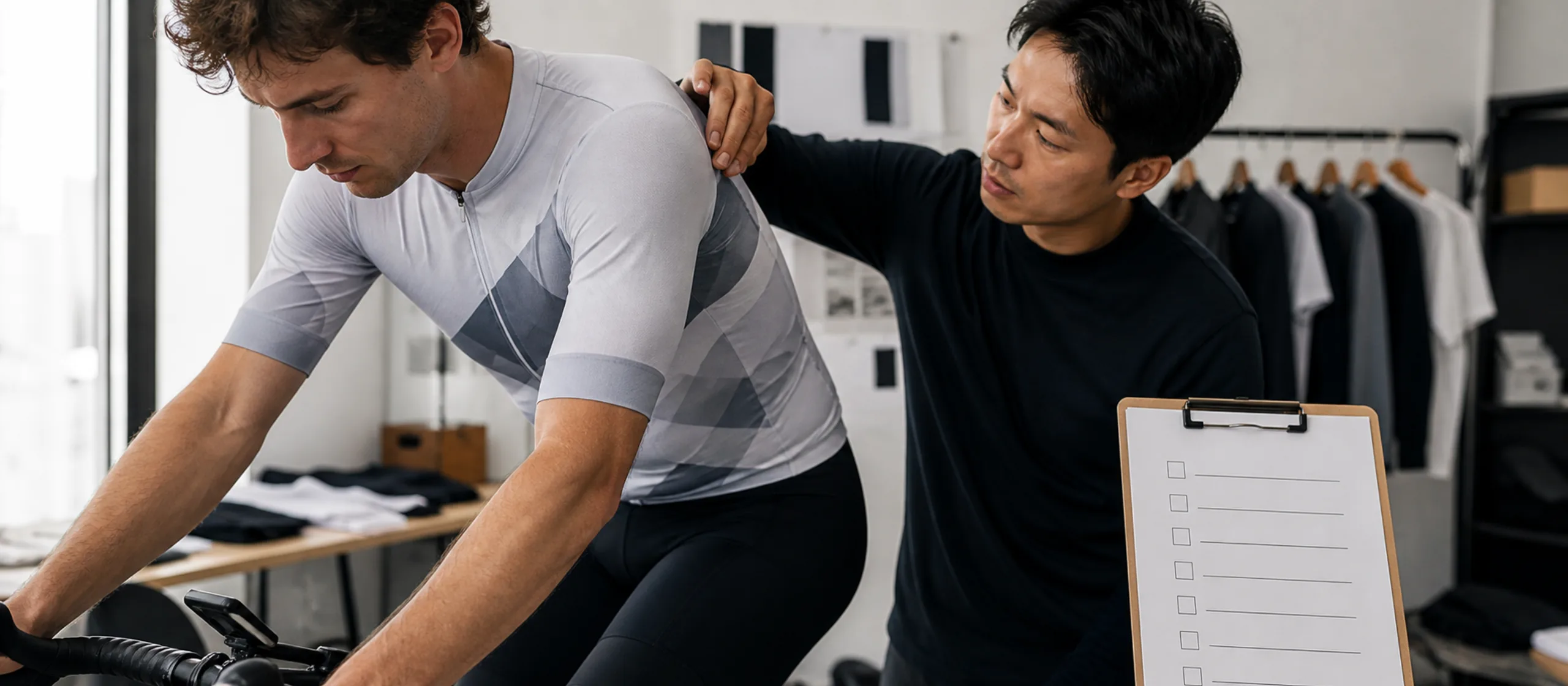 Buyer checking a signed-off cycling jersey sample against fit, print alignment, and colorfastness before bulk production
