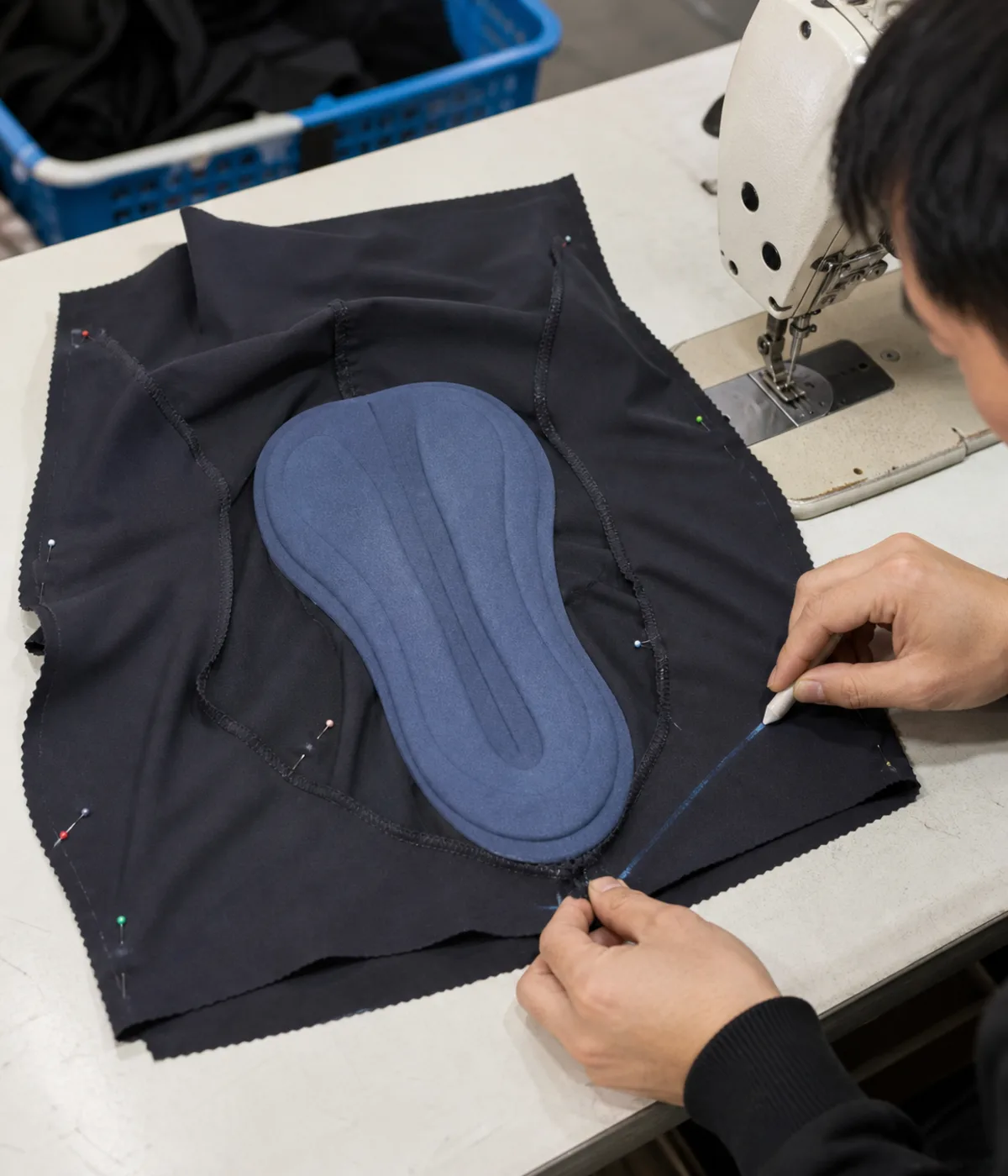 Seat panel construction under development around a buyer-supplied chamois pad reference