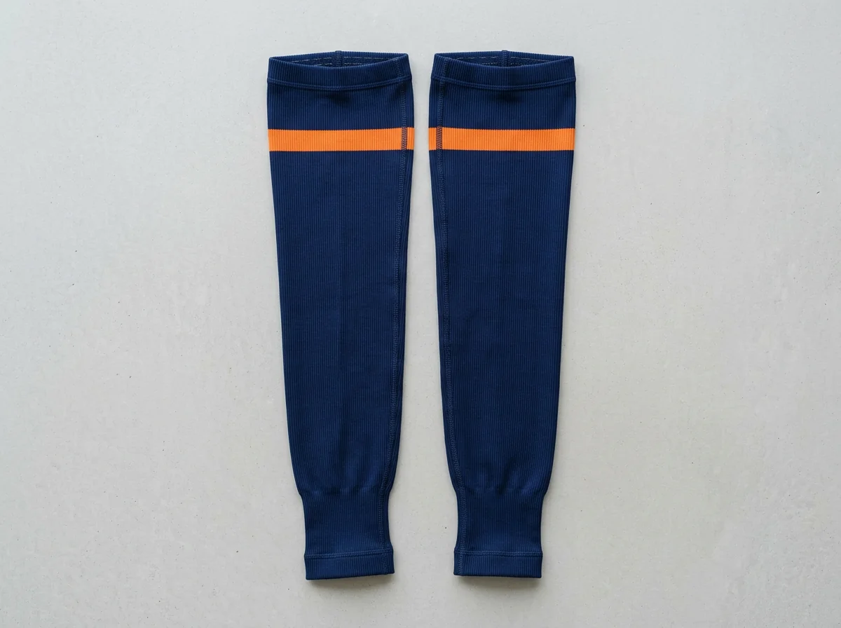 Pair of custom cycling leg warmers, full-length ribbed compression knit