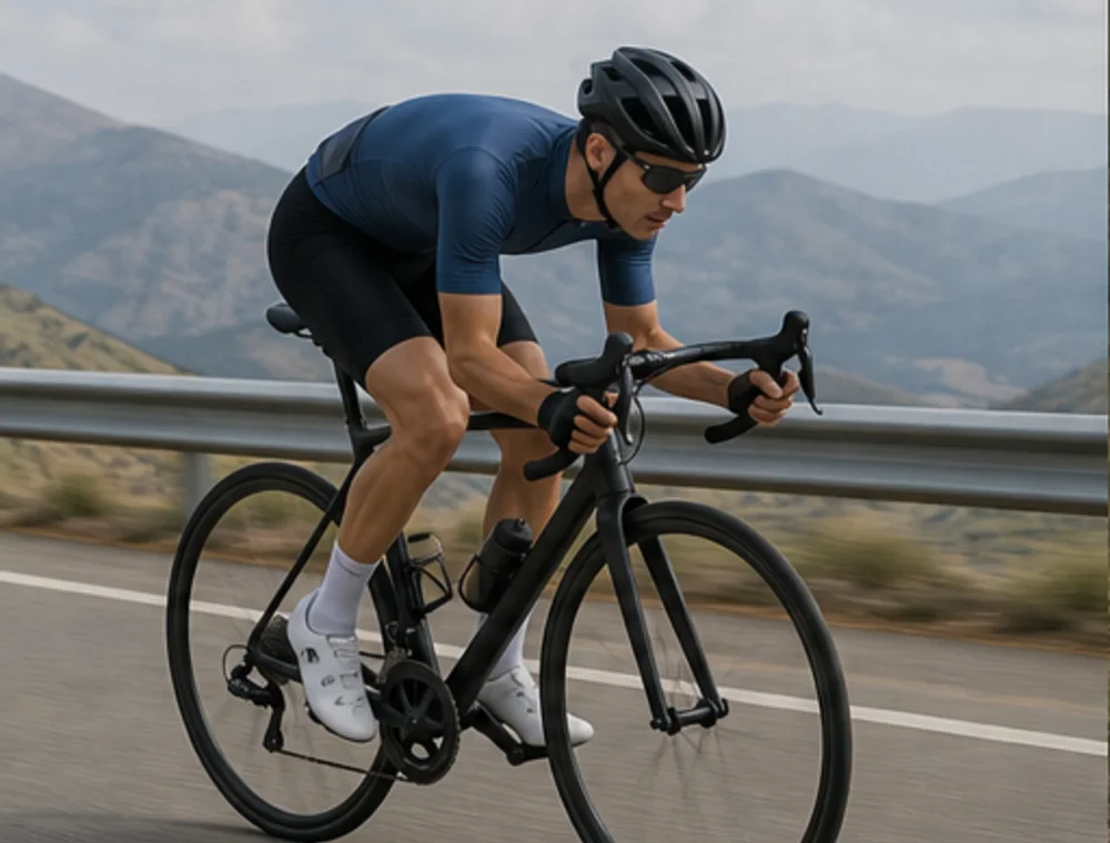 Solo road cyclist riding a long-distance mountain road route