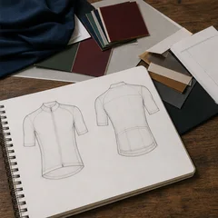 Cycling brand's sample jerseys and fabric swatches laid out for review
