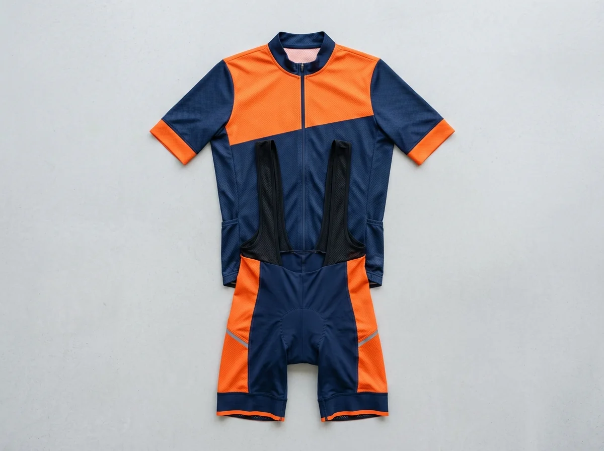 Matching cycling kit set, jersey and bib shorts in coordinated color-blocked design