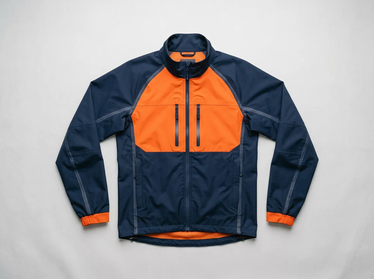 Cycling outerwear jacket in weatherproof shell fabric with taped seams