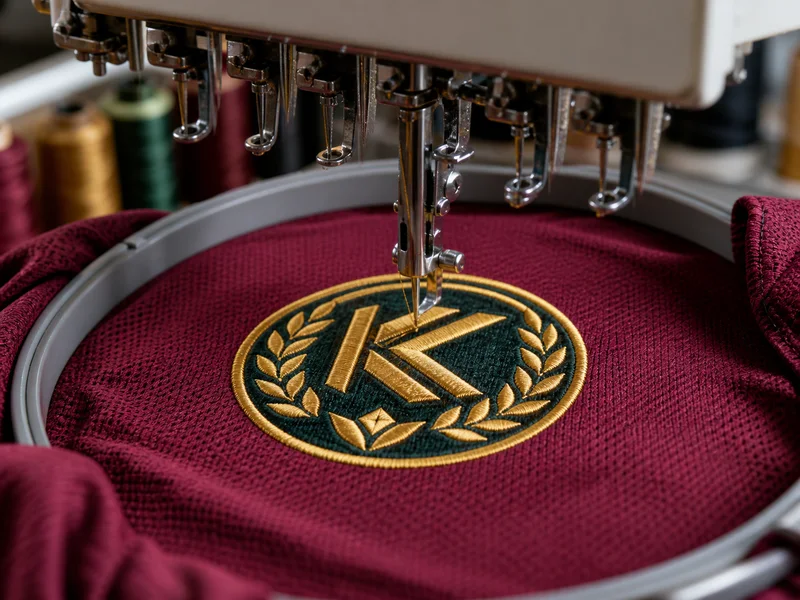 Computerized embroidery machine stitching a club crest onto jersey fabric