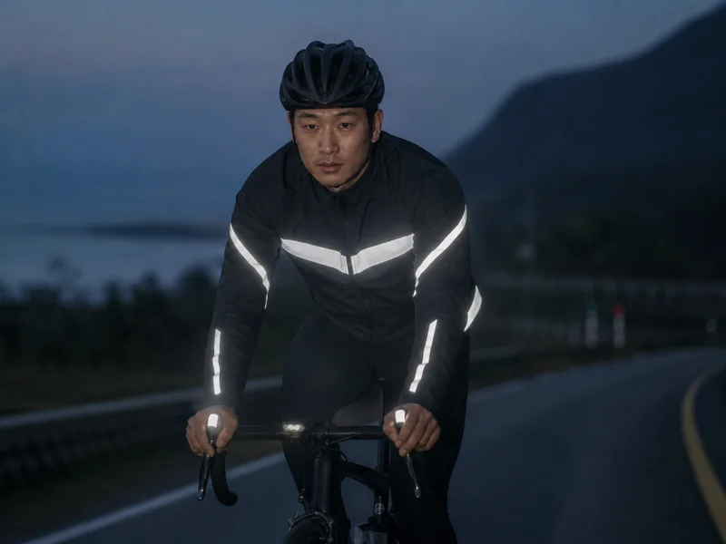 Cyclist riding at dusk in a jacket with reflective print strips