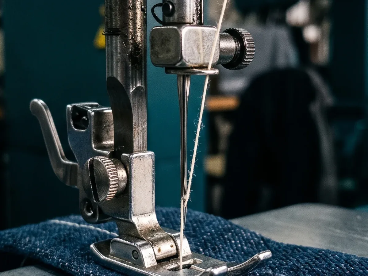 Needle bar threaded and standing ready above a machine bed