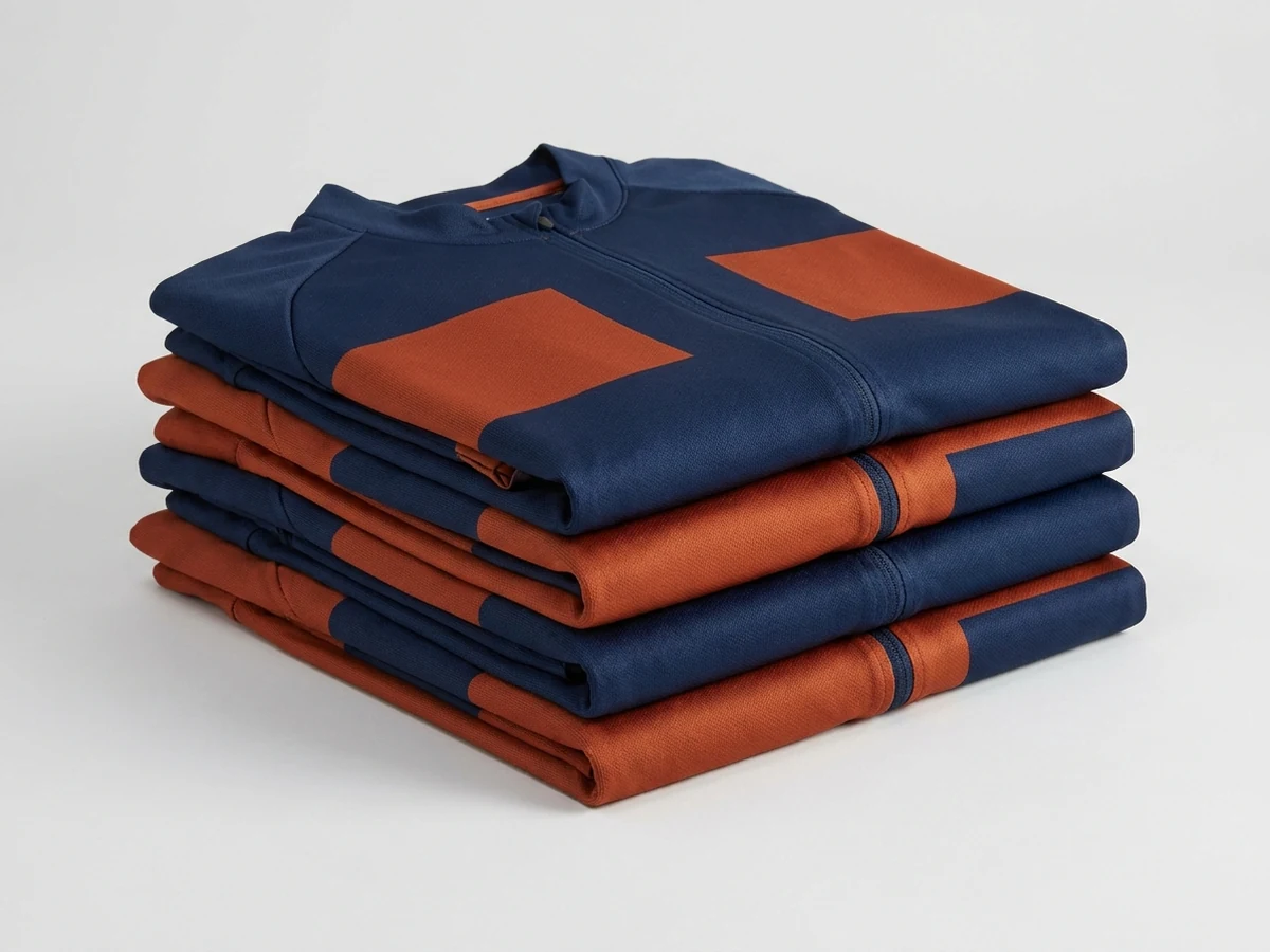 Four identical navy and orange jerseys folded into one stack