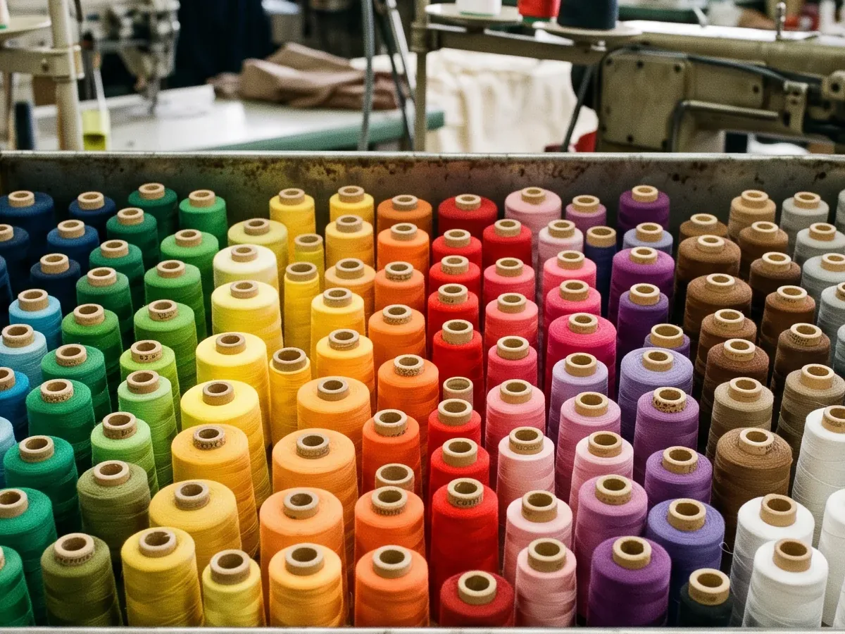 Tray of sewing thread spools arranged by colour