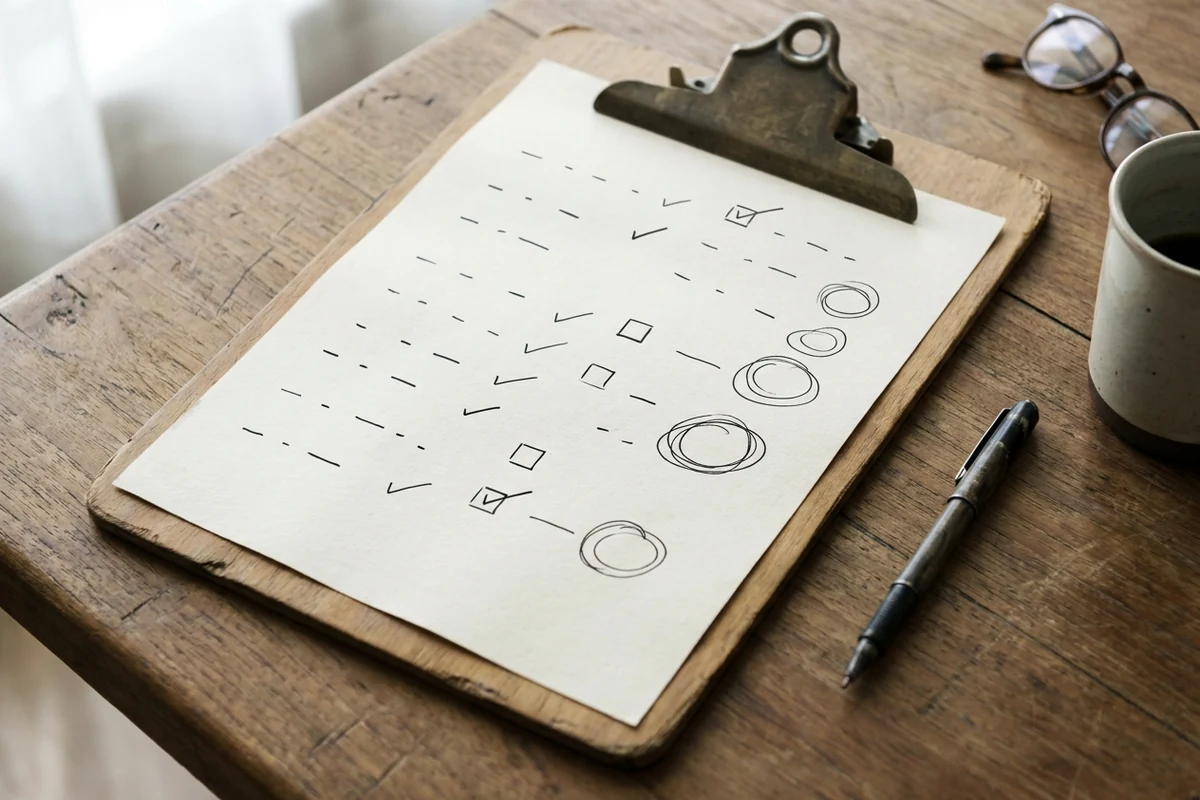 Clipboard on a desk with a hand-drawn checklist, pen and glasses beside it