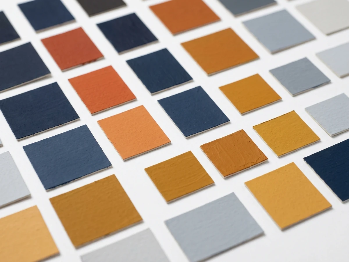 Grid of separate painted colour chips laid out in rows