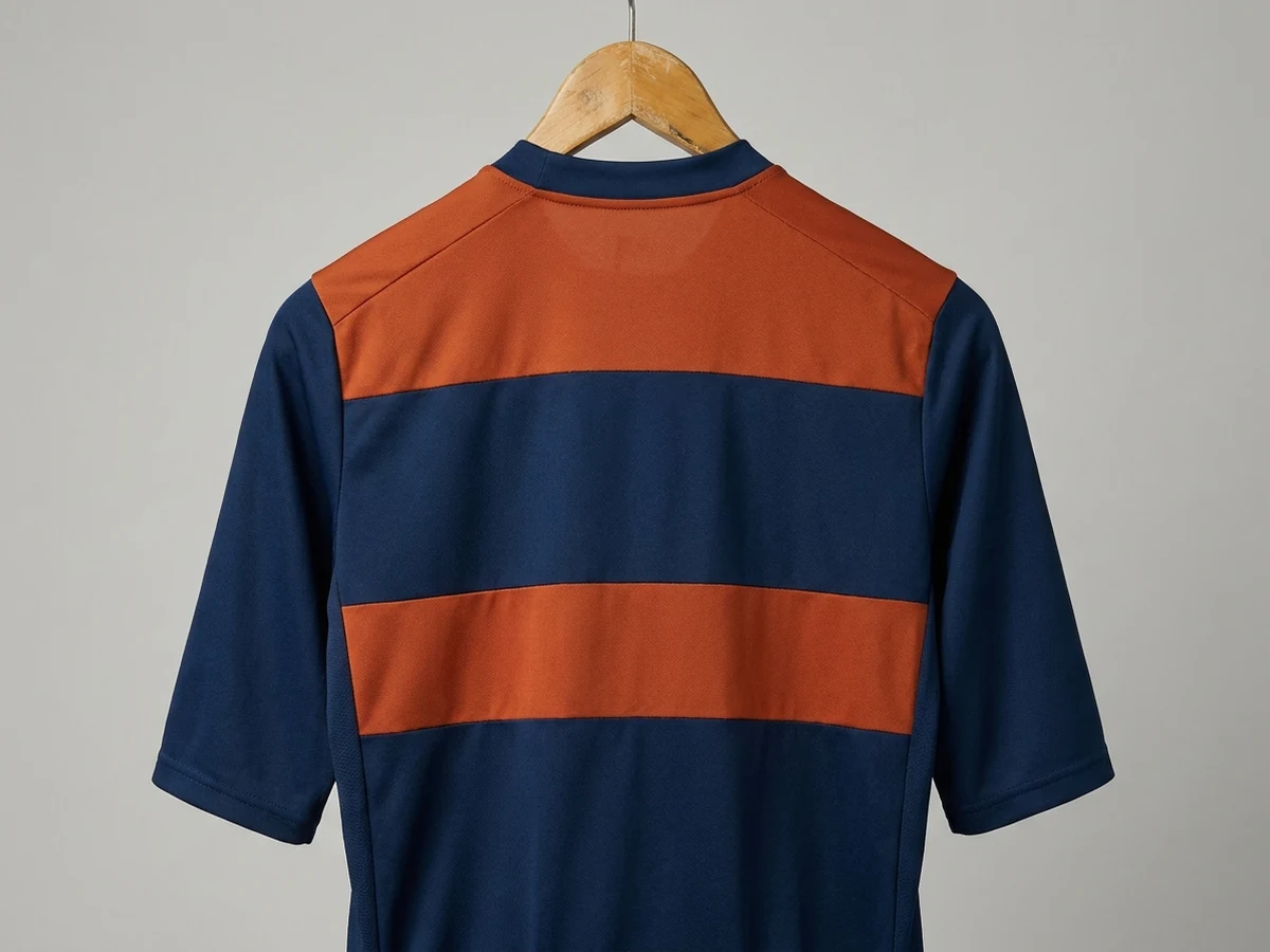 Back of a navy and orange jersey hanging on a wooden hanger