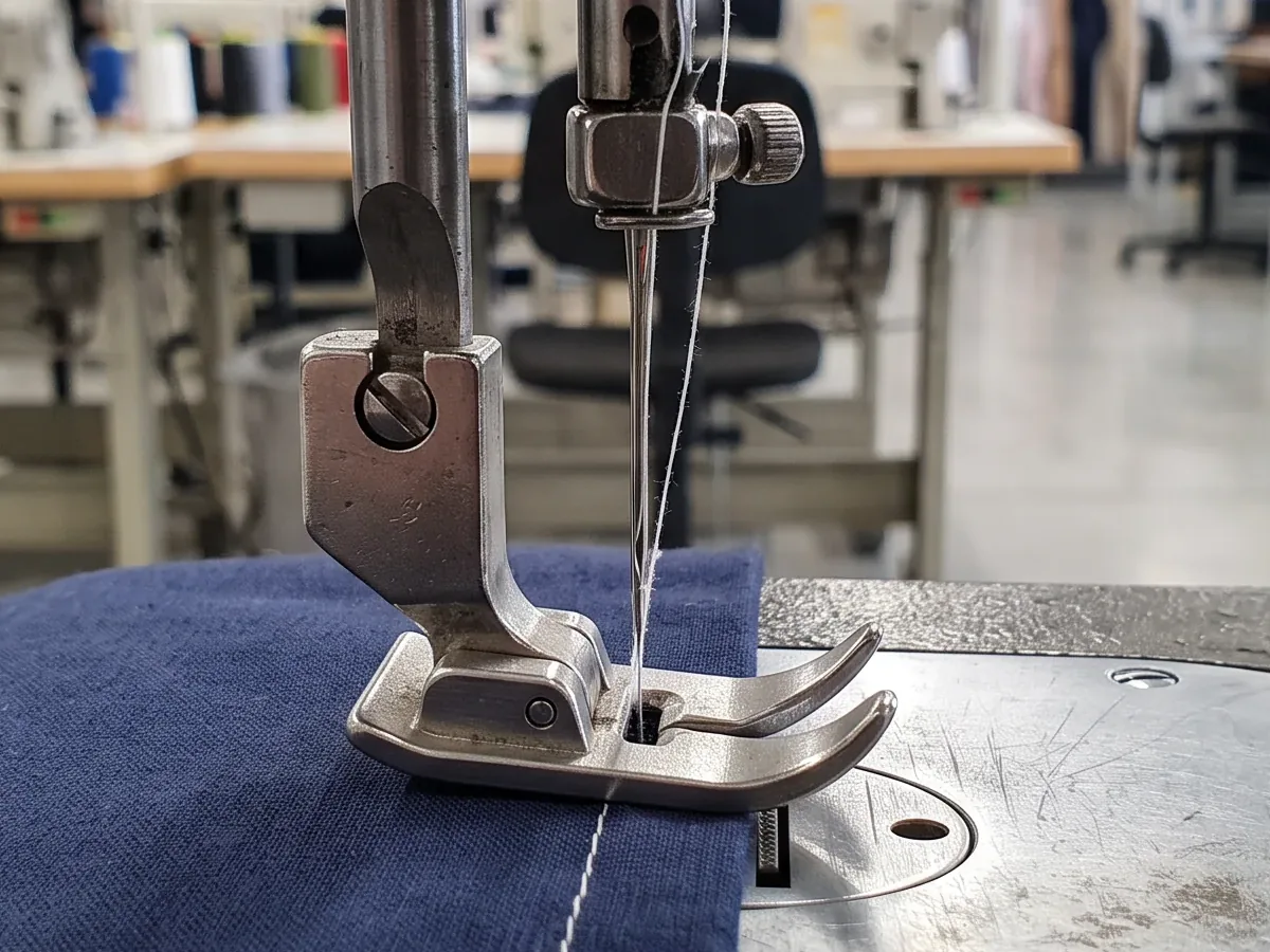 Presser foot resting on a machine needle plate