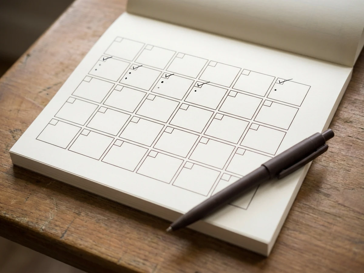 Open notebook with a hand-drawn grid of ticked boxes and a pen beside it