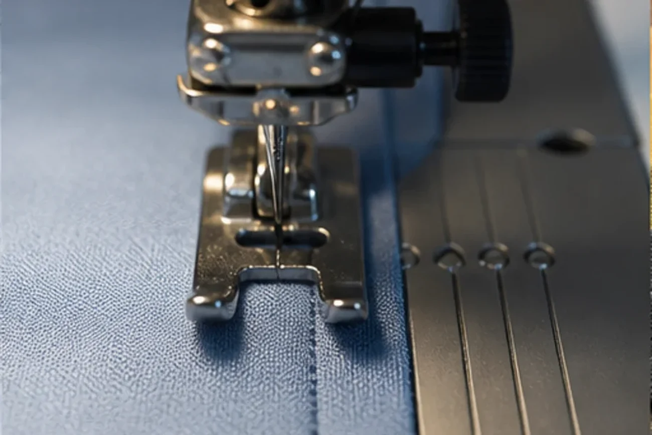Presser foot and needle plate closed on a knit panel mid-seam