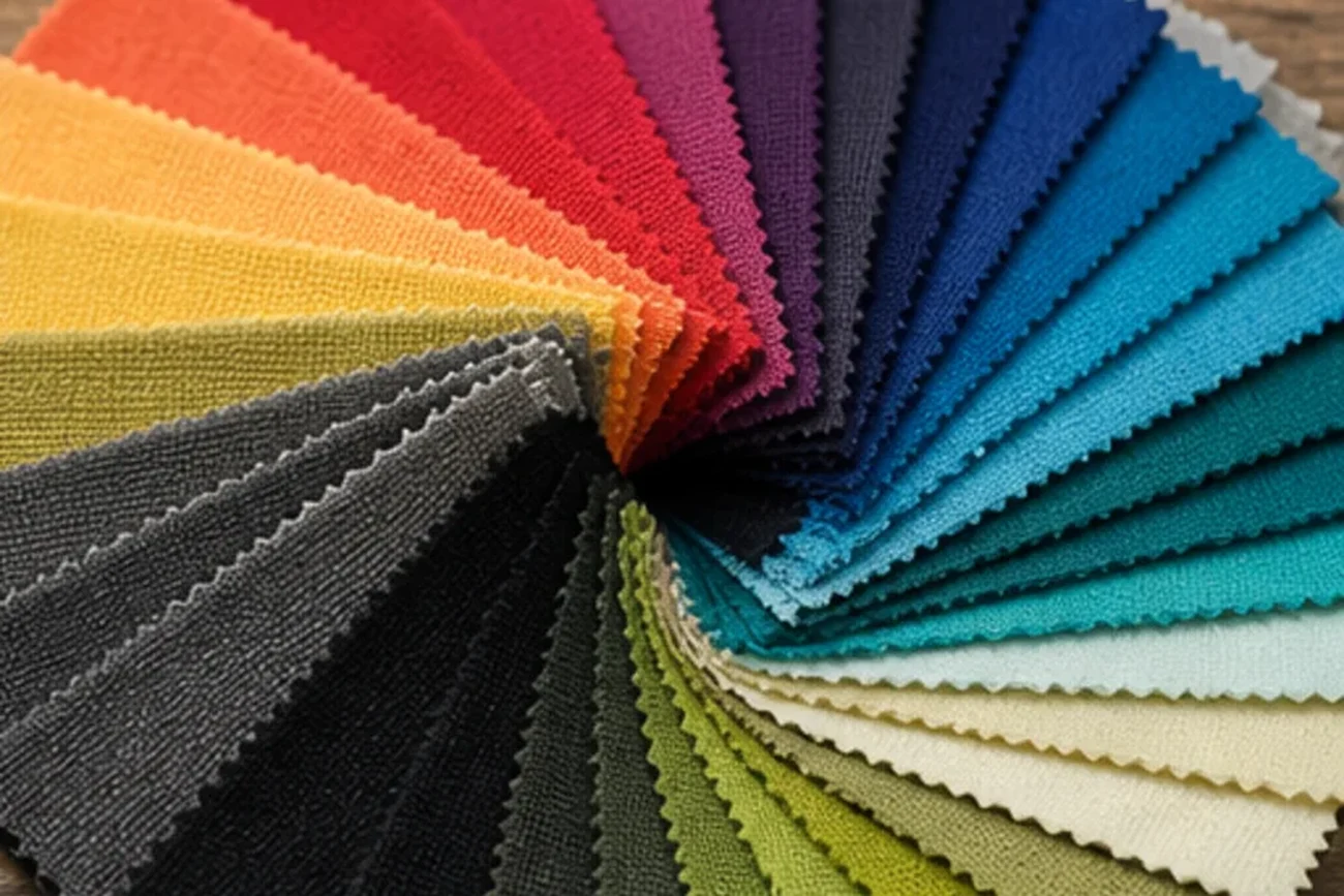 Fan of pinked-edge fabric swatches across many colours