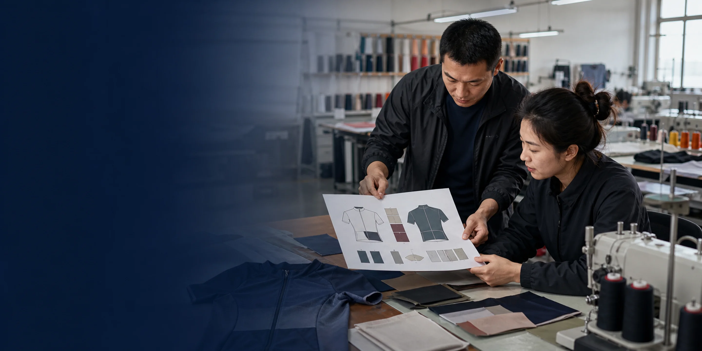Apparel development staff reviewing a cycling jersey specification in a workshop