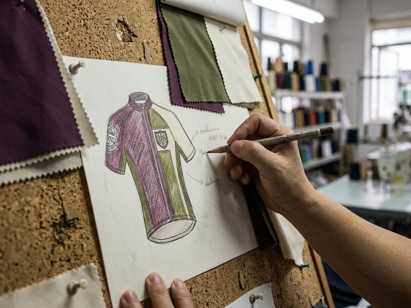 A concept reference sketch pinned to a board