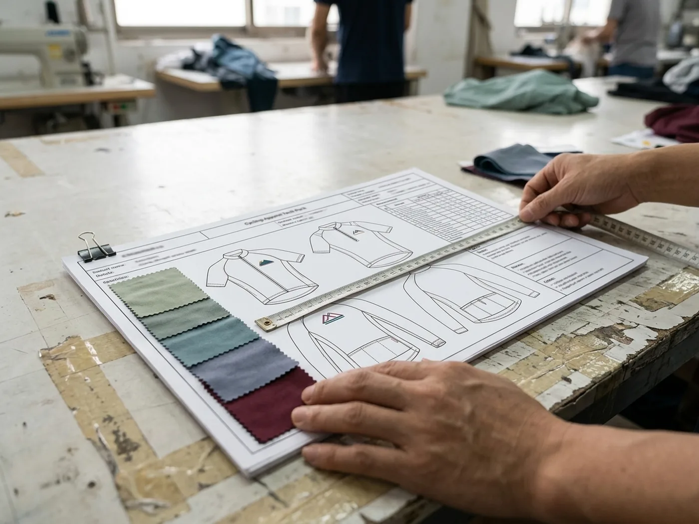 A completed tech pack spec sheet on a desk