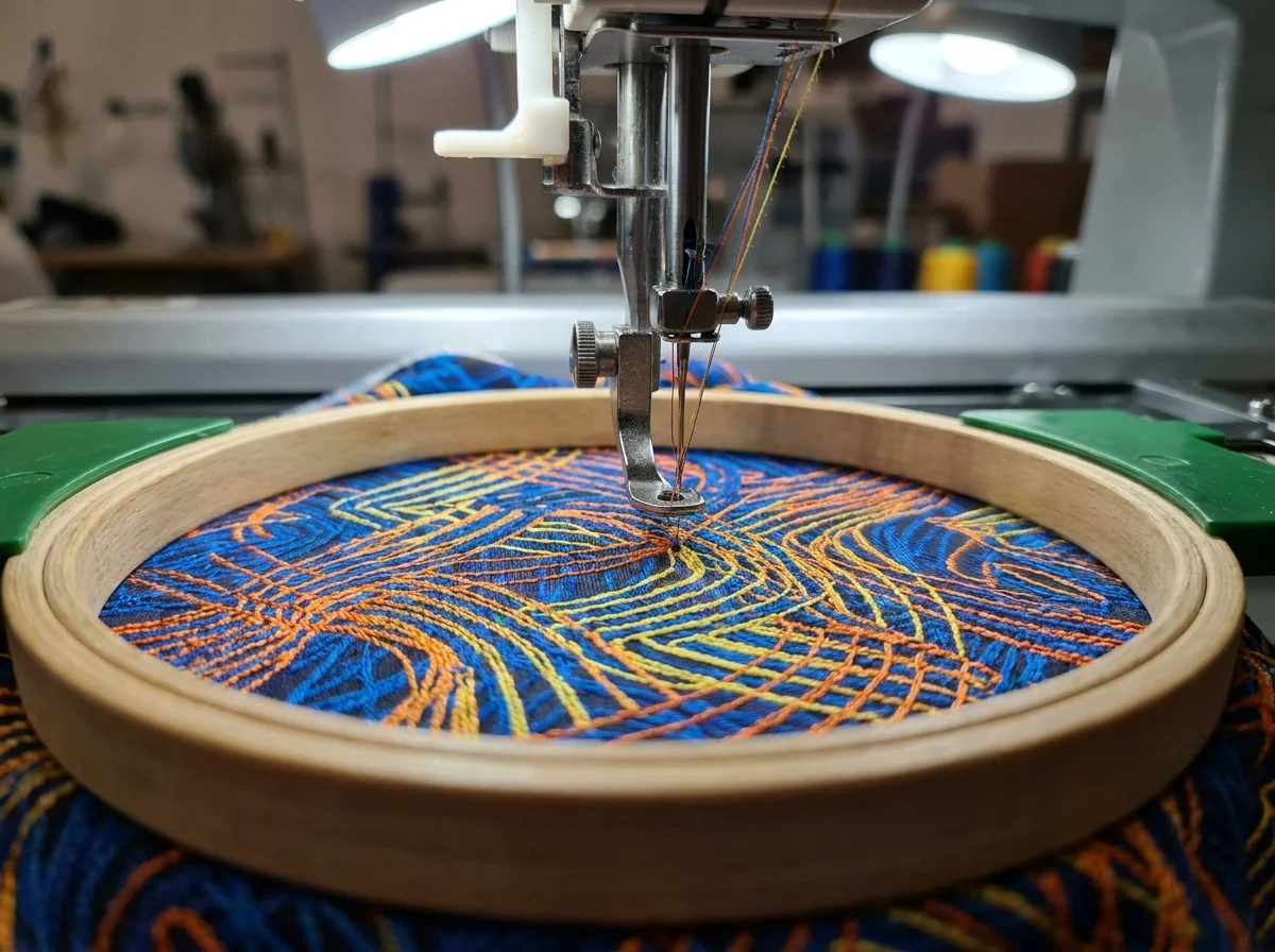 An embroidery hoop holding a stitched design