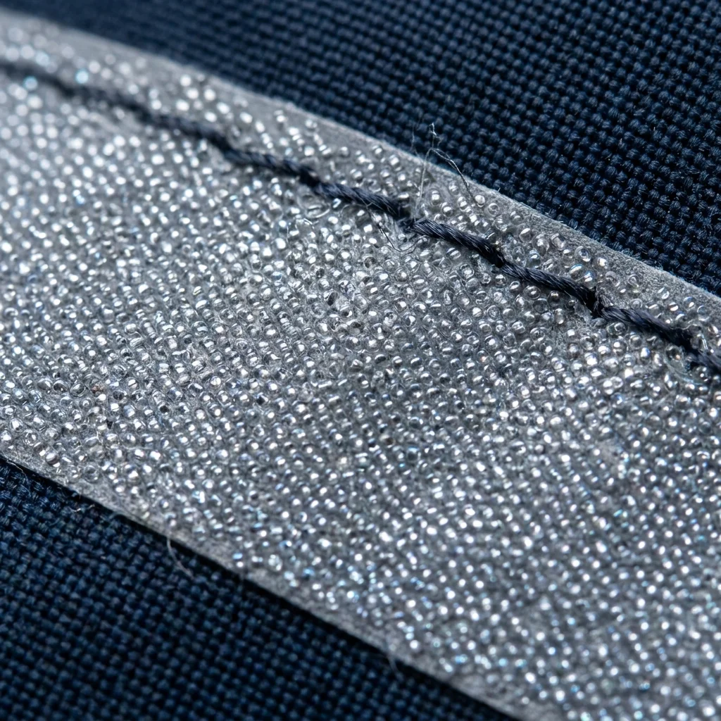A reflective strip on a dark sleeve