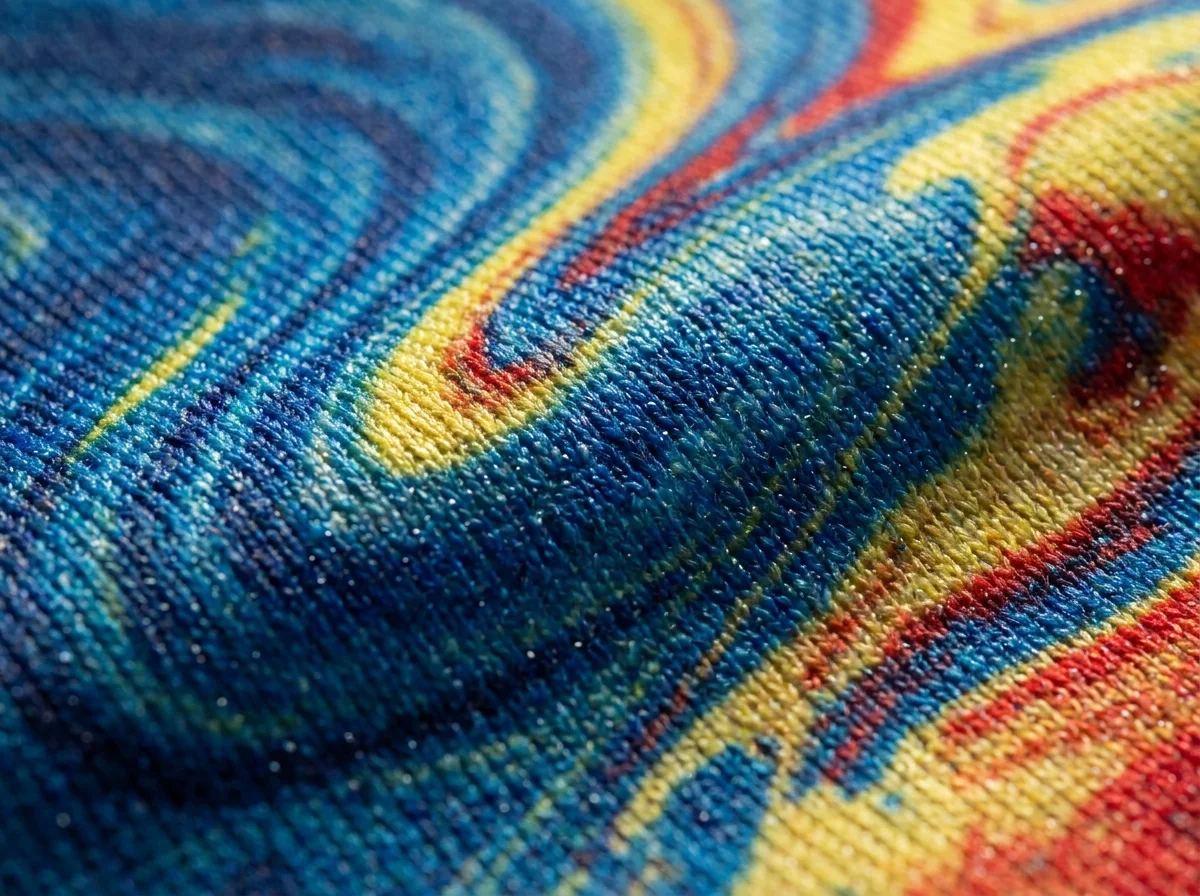 A close-up of a surface print on fabric, showing the texture of the mark