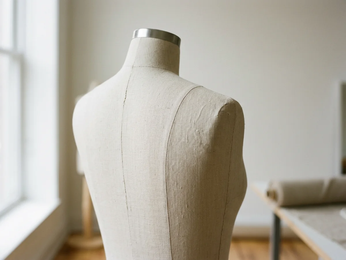The back and shoulder area of a linen tailor's form lit from one side