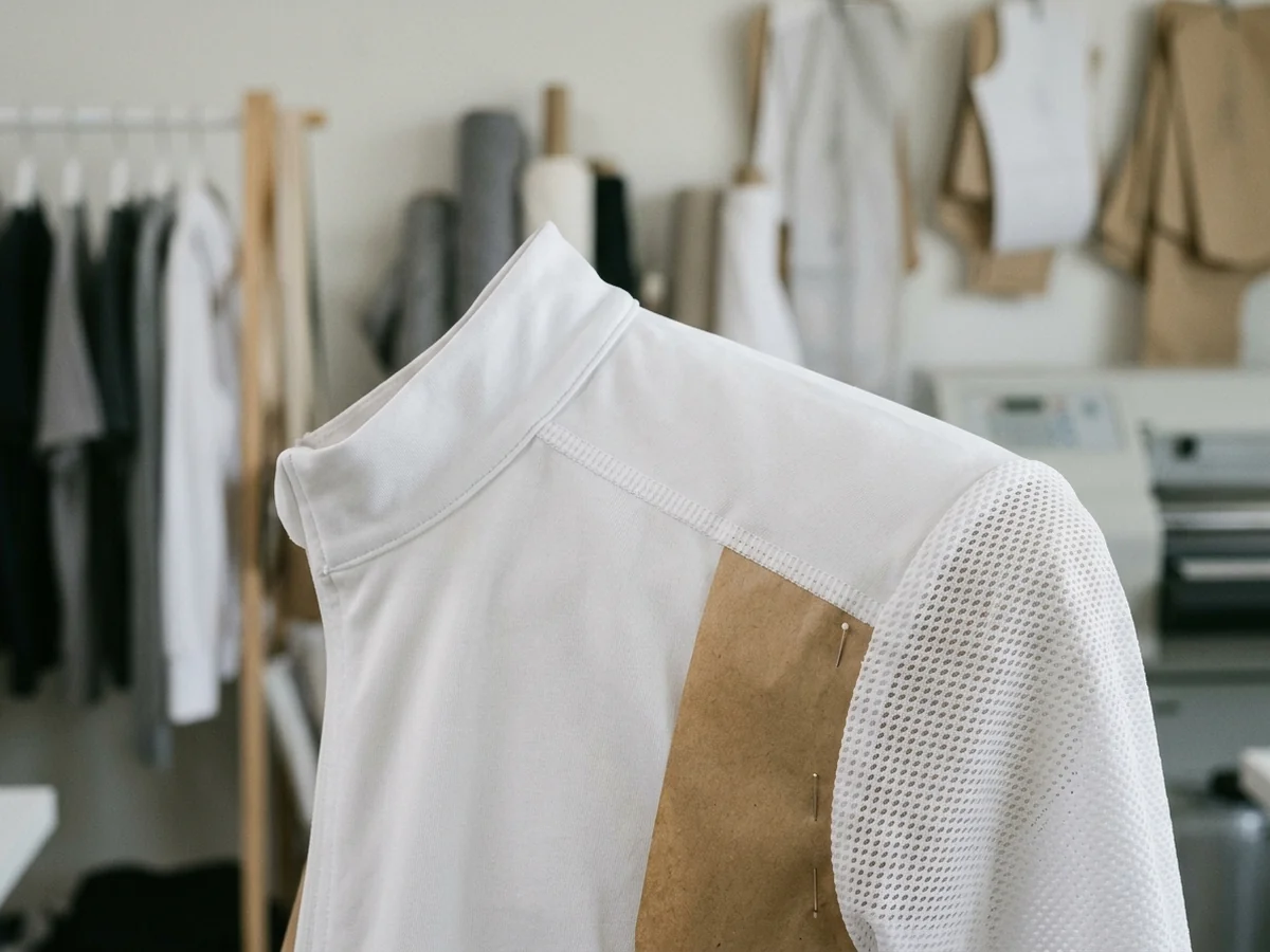 Collar stand, shoulder seam and sleeve head of a white shirt in close view