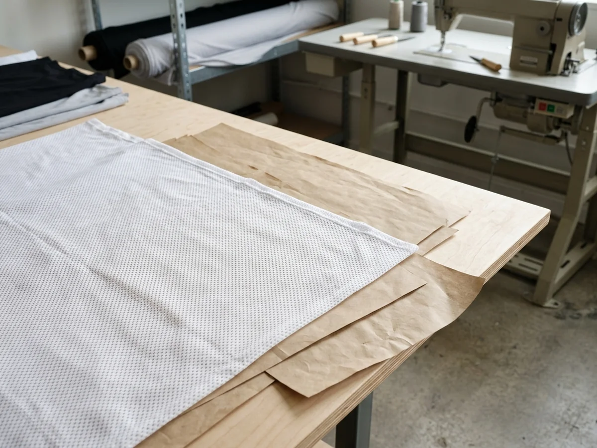 Open white elastic mesh spread flat across a surface