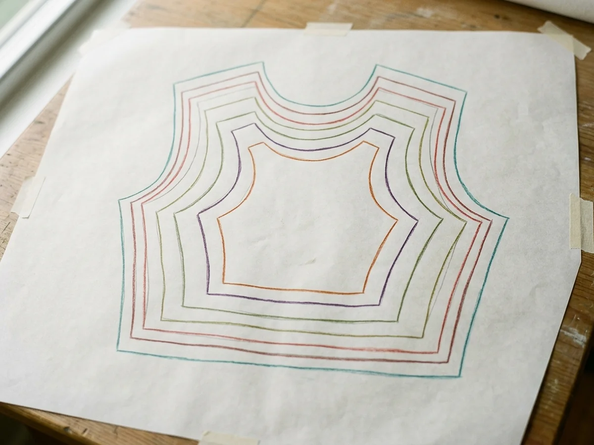 Coloured grid lines and overlaid rules drawn across white paper