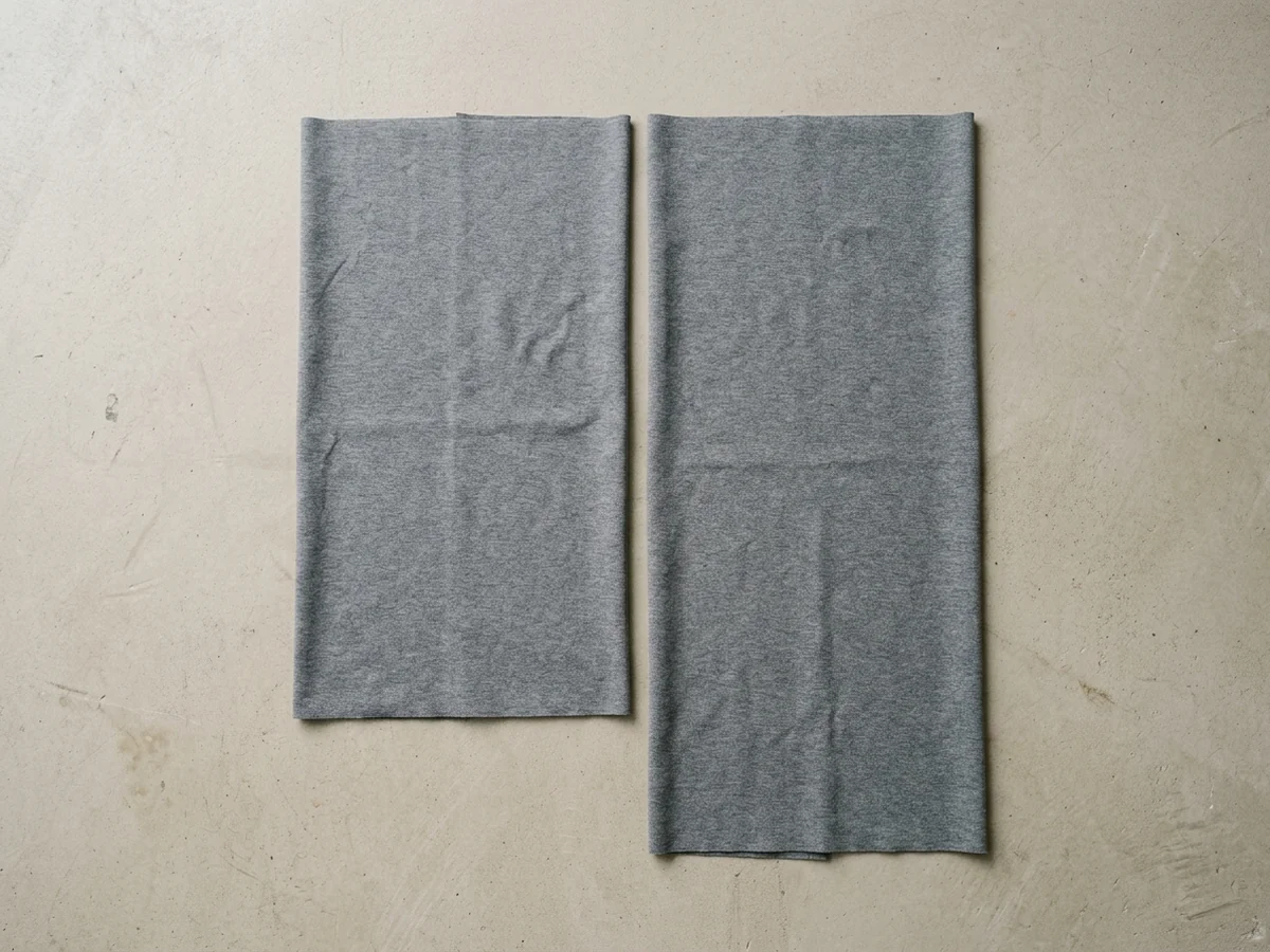 Two flat grey knit panels laid side by side, cut to the same width but clearly different lengths