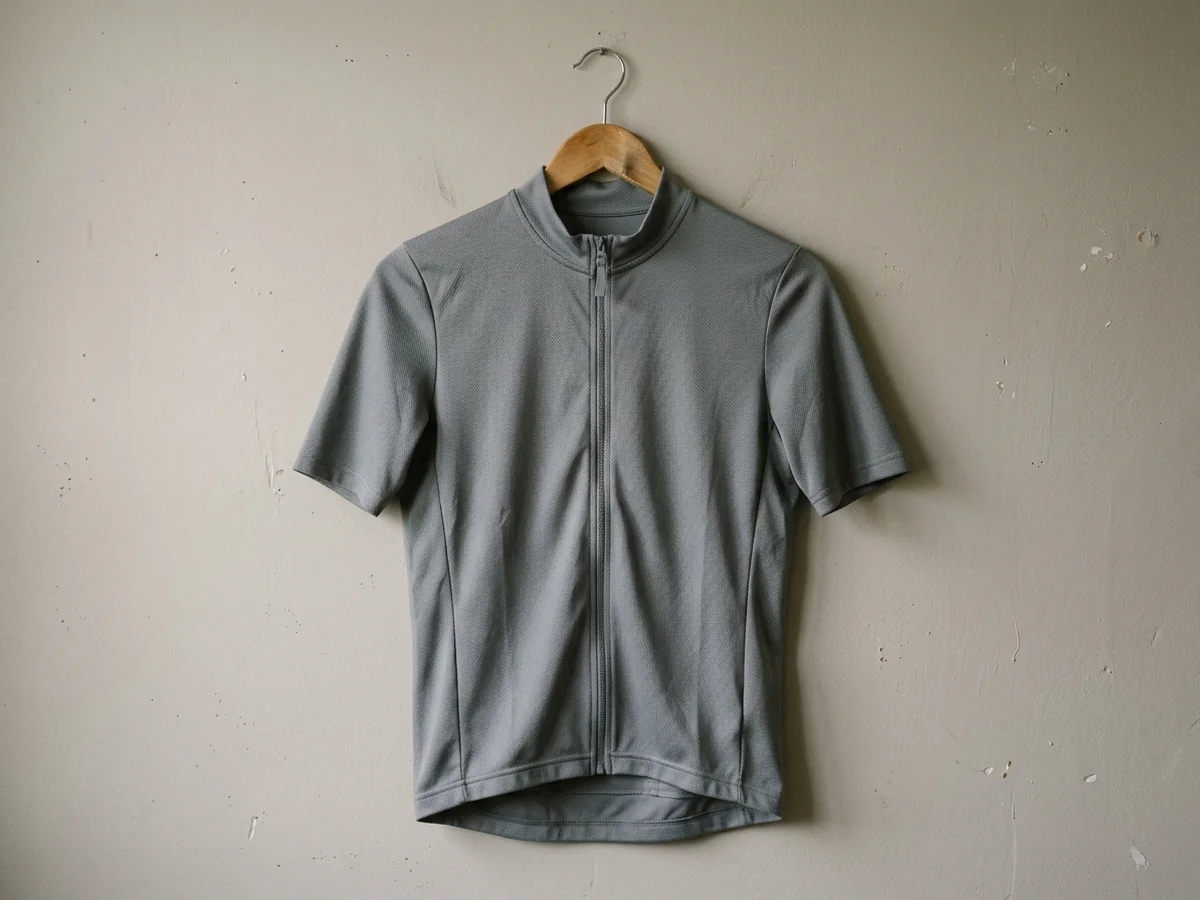 A plain unbranded short-sleeve cycling jersey hanging smooth and composed on a wooden hanger