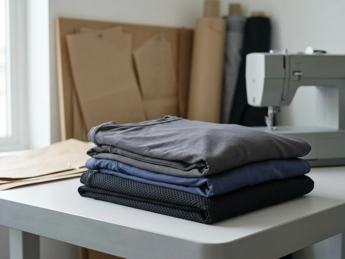 A stack of folded knit garments held out on two hands