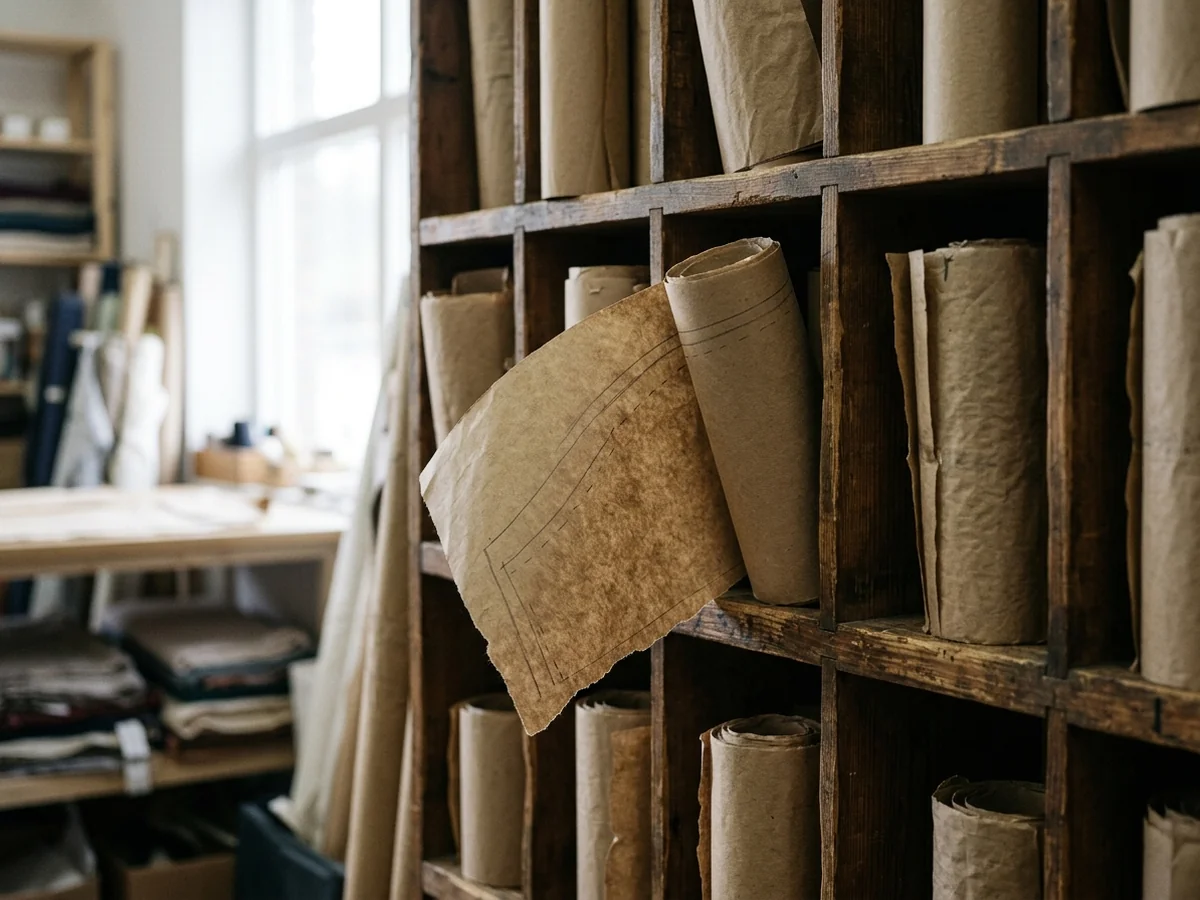 Rolled paper pattern blocks racked on shelves, one pulled out and marked up for alteration