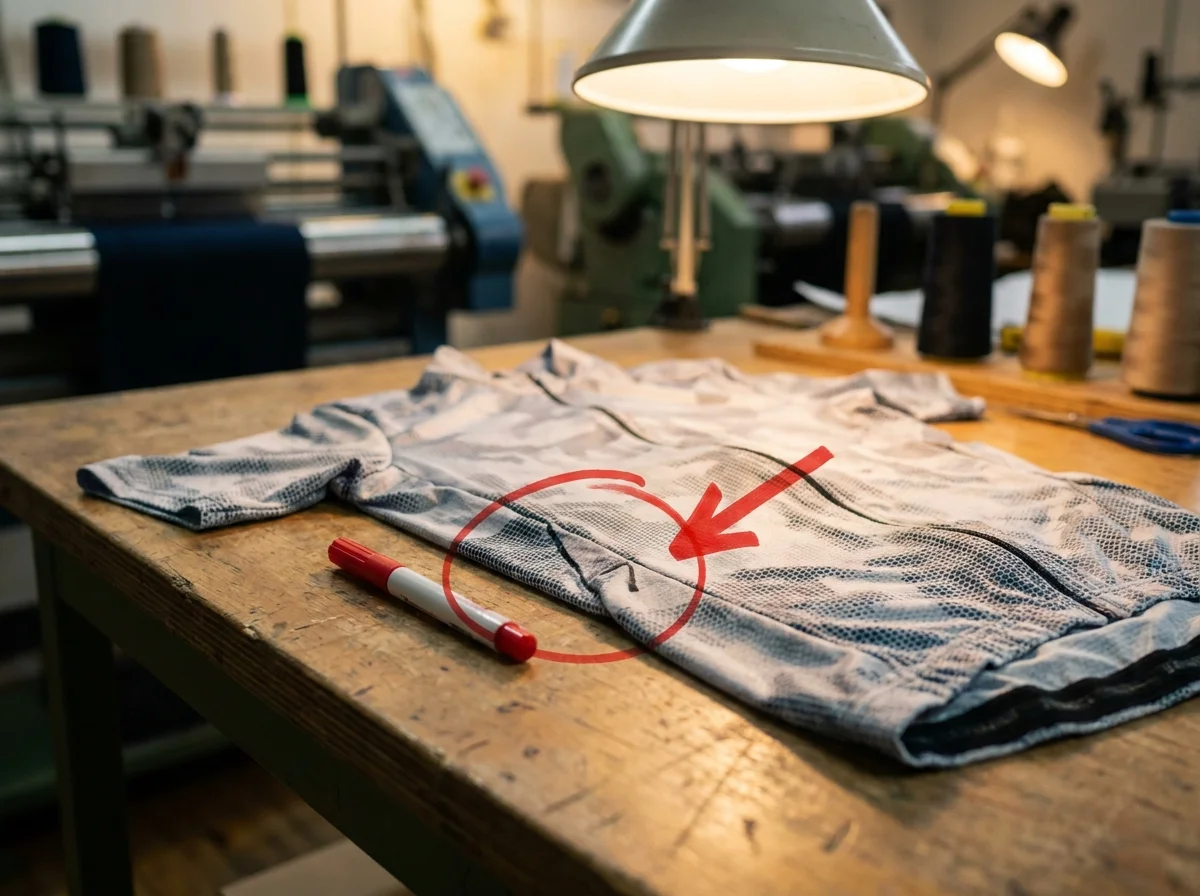 A garment with a handwritten note marking a specific change